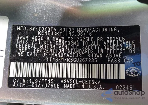 2016 Toyota Camry Se from USA, damaged, VIN 4T1BF1FK5GU267235